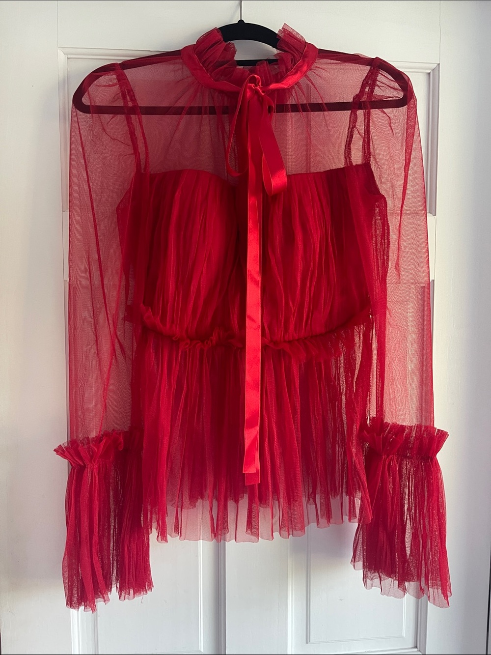 Sheer Red Mesh Tie-Neck Women's Top